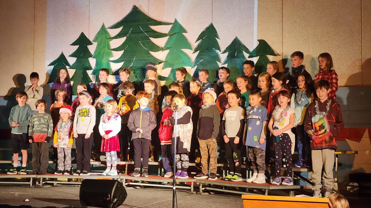 Elementary school students assembled in formation on a school stage in front of a scene of evergreen trees