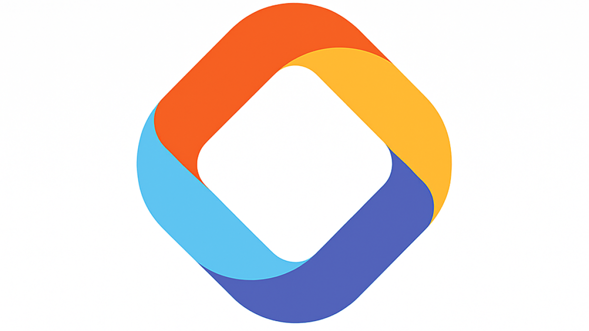 A blue, turquoise, orange and yellow square tipped on its corner