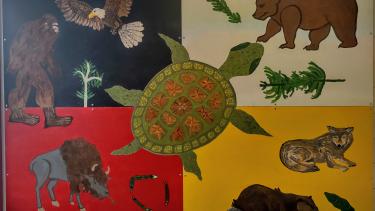 lvr mural of animals of seven sacred teachings, four sacred medicines, and four colours of medicine wheel